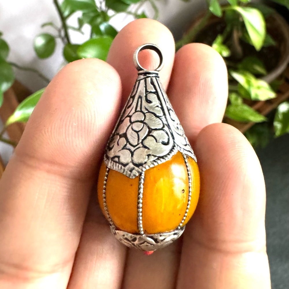 Stunning Traditional Tibetan silver & Amber resin handmade & hand carvedpendant